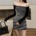 Long-sleeve Paneled Mini Sheath Mesh Dress Black - One Size