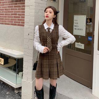 Plain Shirt / Plaid Mini Overall Dress / Tie / Set
