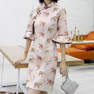 Elbow-sleeve Traditional Chinese Printed Dress