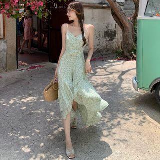 Asymmetrical Sleeveless Floral Midi Dress