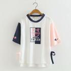 Print Bow Color Block Sleeve Short-sleeve T Shirt White - One Size