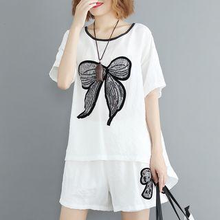 Set: Short-sleeve Bow Rhinestone Top + Shorts