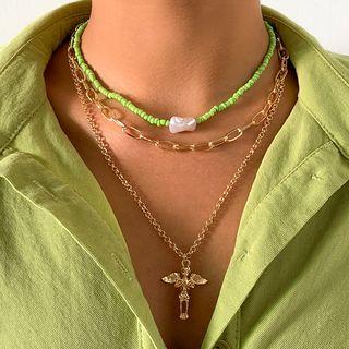 Set Of 3: Angel Pendant / Faux Pearl / Necklace (various Designs) 2576 - Gold - One Size