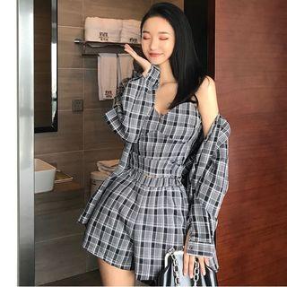 Set: Plaid Shirt + Tube Top + High Waist Shorts Set Of 3 - Plaid - One Size