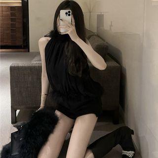 Fluffy Trim Halter Top Black - One Size
