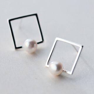 925 Sterling Silver Freshwater Pearl Square Stud Earrings