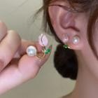 Flower Faux Pearl Stud Earring 1 Pair - Gold & Pink - One Size