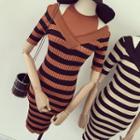 Elbow-sleeve Striped Knit Sheath Dress