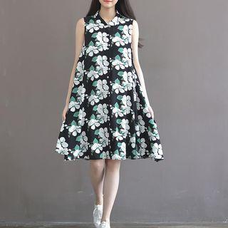 Sleeveless Floral-print A-line Shirt Dress