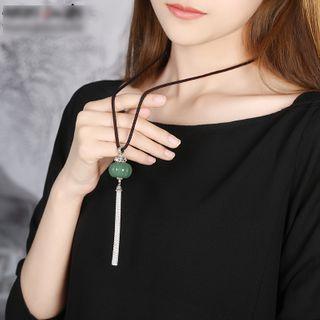 Gemstone Pendant Necklace Black & Green & Silver - 80cm