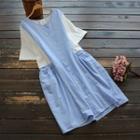 Short-sleeve Color Block Dress Stripe - Blue - One Size