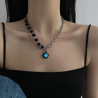 Opal Faux Gemstone Pendant Asymmetrical Stainless Steel Necklace Silver & Black - One Size