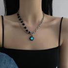 Opal Faux Gemstone Pendant Asymmetrical Stainless Steel Necklace Silver & Black - One Size