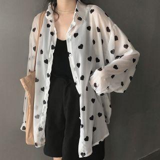 Heart Print Chiffon Shirt White - One Size