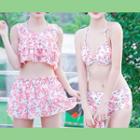 Set: Floral Print Bikini + Tank Top + Swim Skirt