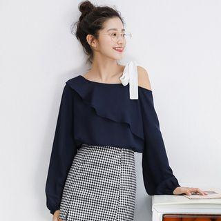 Single Shoulder Ruffle Chiffon Blouse