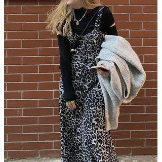 Leopard Print Strappy Midi Dress / Plain Knit Cardigan / Long-sleeve Plain High-neck T-shirt