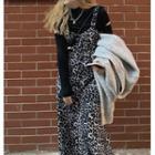 Leopard Print Strappy Midi Dress / Plain Knit Cardigan / Long-sleeve Plain High-neck T-shirt