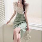 Set: Short-sleeve Lace Blouse + Slit Overall Dress