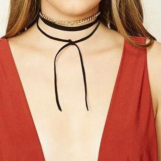 Chained Layered Leather Choker Silver - One Size