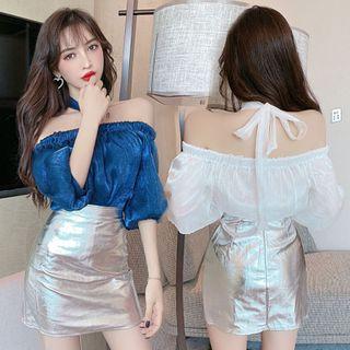 Off-shoulder Puff-sleeve Top / Mini Sheath Skirt / Set