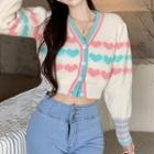 V-neck Heart Print Loose Fit Cardigan