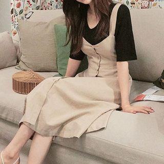 Short-sleeve T-shirt / Bow-back Midi A-line Pinafore Dress