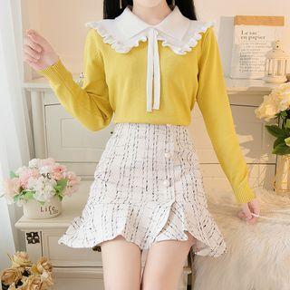 Long-sleeve Blouse / Tweed Mini A-line Skirt