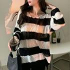 Long Sleeve V-neck Striped Knit Crop Top Stripe - Black & White - One Size