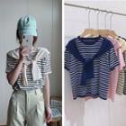 Short Sleeve Crew Neck Striped Knit Mock Two Piece Top