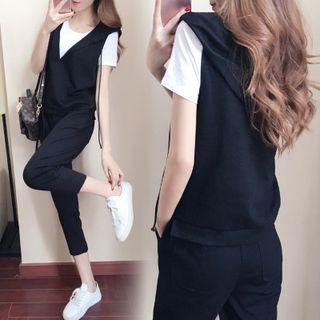 Set: Crew-neck Short-sleeve T-shirt + Hooded Vest + Cropped Pants