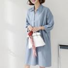 Open-placket 3/4-sleeve Midi Shift Dress