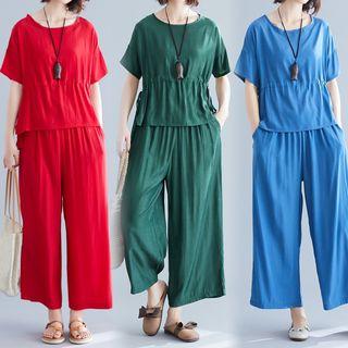 Set: Elbow-sleeve Drawstring Top + Wide-leg Pants