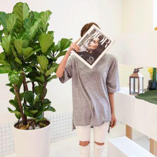 Elbow-sleeve Round-neck Dip-back T-shirt