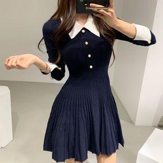Collared Pleated Knit Mini A-line Dress Blue - One Size