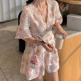 Elbow-sleeve Floral Print A-line Eyelet Lace Dress