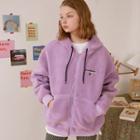 Letter Faux-shearling Zip-up Hoodie Lavender - One Size