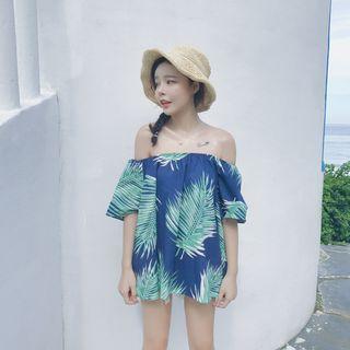 Leaf Print Off-shoulder Short-sleeve Top