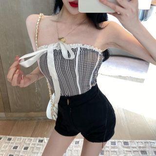 Strapless Plaid Ruffled Top Plaid - Black & White - One Size