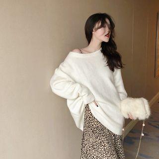 Round Neck Plain Sweater / Sleeveless Leopard Dress
