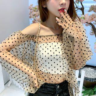 Long-sleeve Dotted Mesh Top Coffee - One Size