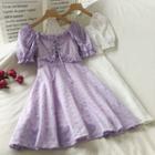 Puff-sleeve Lace Up Ruffle Trim A-line Dress