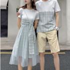 Couple Matching Short-sleeve Plaid T-shirt / Short-sleeve Midi Mesh Dress / Shorts / Set