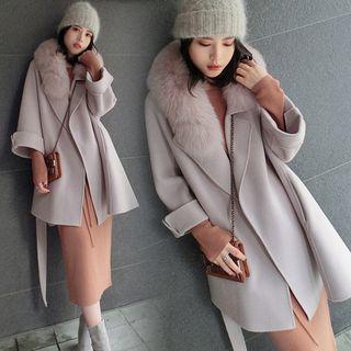 Furry Collar Open Front Woolen Coat