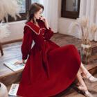 Long-sleeve Lace Trim Velvet A-line Cocktail Dress