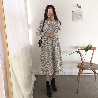 3/4-sleeve Floral Empire A-line Midi Dress