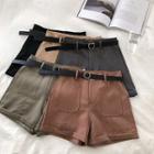 Plain Double-pocket Roll-up High-waist Shorts With Belt