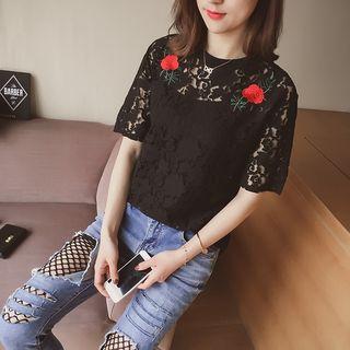 Set: Flower Embroidered Lace Short Sleeve Top + Camisole Top