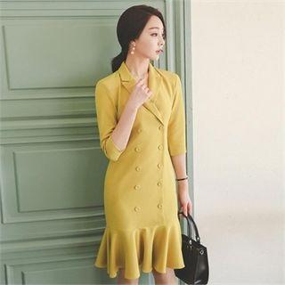 Elbow-sleeve Ruffle-hem Coatdress