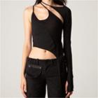 Set: Asymmetrical Cropped Camisole Top + Long-sleeve One-shoulder Crop Top
